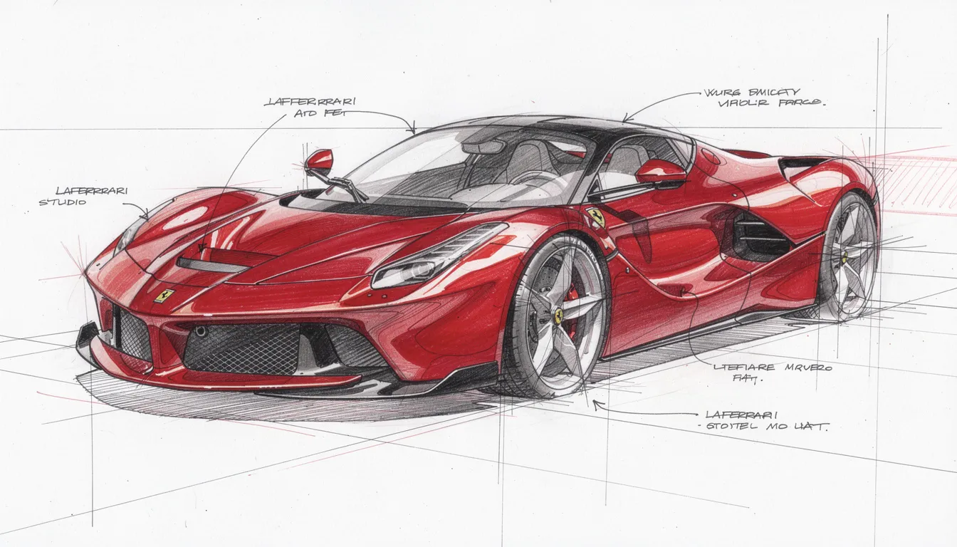 Das Bild zeigt eine stilisierte Designerzeichnung des Ferrari LaFerrari in Rot, die an einen finalen Produktionsdesign-Skizze erinnert. Die charakteristischen Linien des Sportwagens und die künstlerischen Markierungen des Designers verleihen dem Bild einen einzigartigen, italienischen Flair, der die Rennsportgeschichte von Enzo Ferrari widerspiegelt.