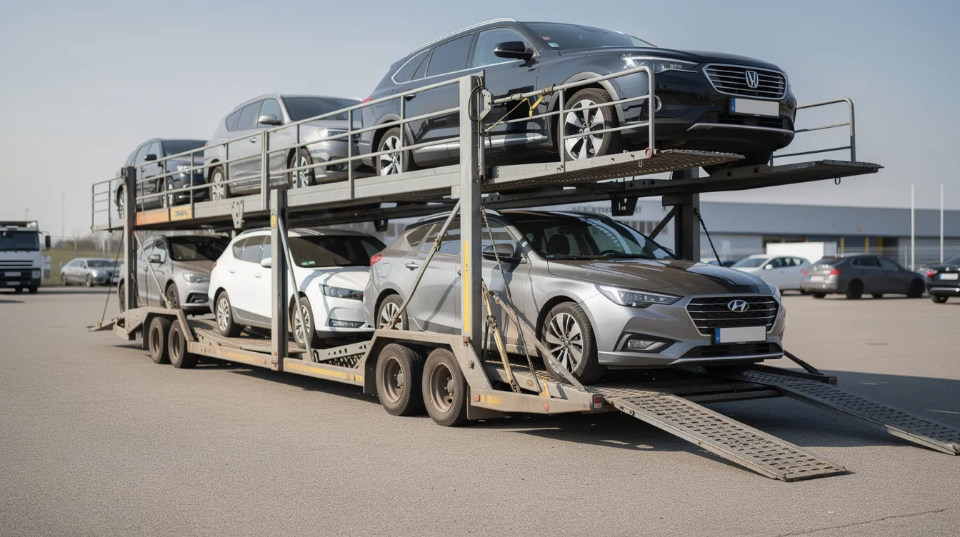 An open car carrier trailer is filled with multiple sedans and SUVs, showcasing a variety of vehicle types ready for transport. This image illustrates the auto transport process commonly used by car shipping companies to efficiently ship cars across regions, including Kentucky.