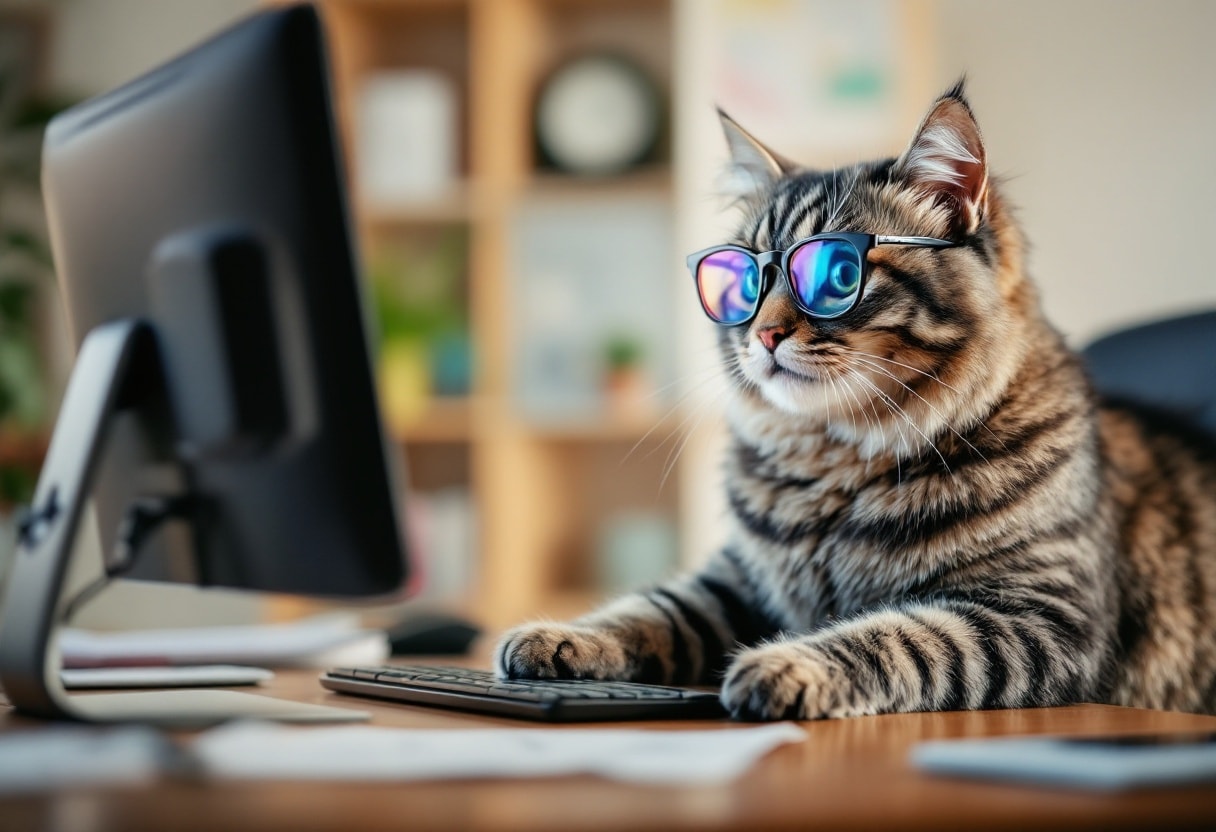 A cat wearing glasses and working in an office.