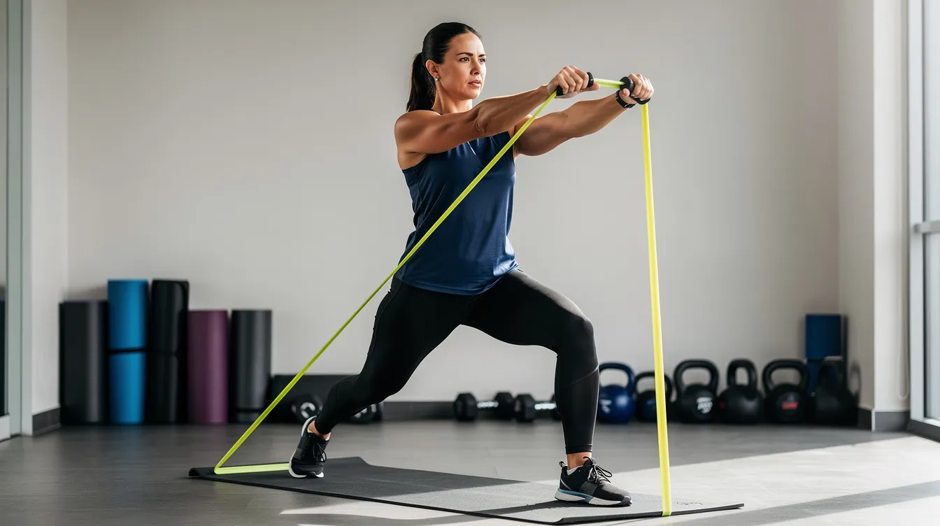 A person is engaged in therapeutic stretching exercises using resistance bands in a gym, focusing on improving mobility and physical function. This activity is part of a physiotherapy program aimed at managing pain and enhancing overall physical health.