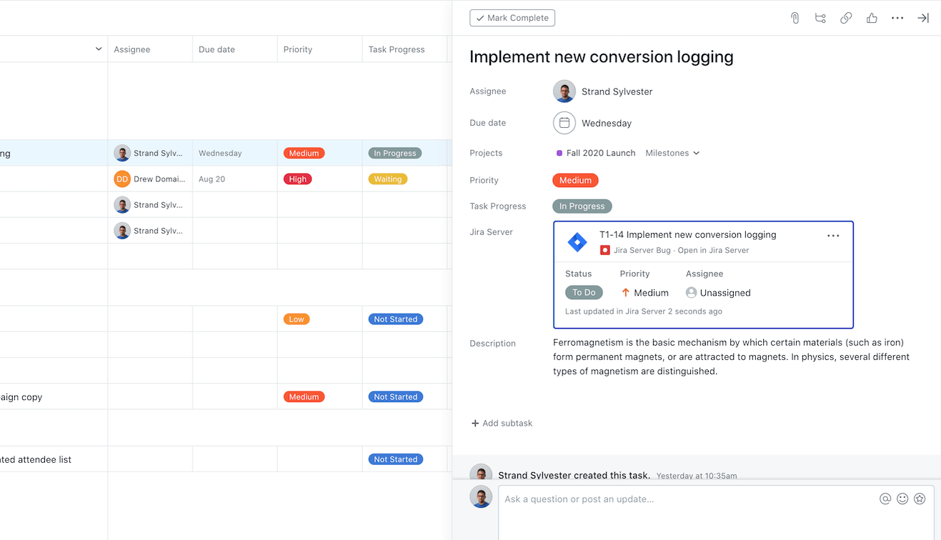 A screenshot of Asana's native Jira integration, an easy way to implement software integration.