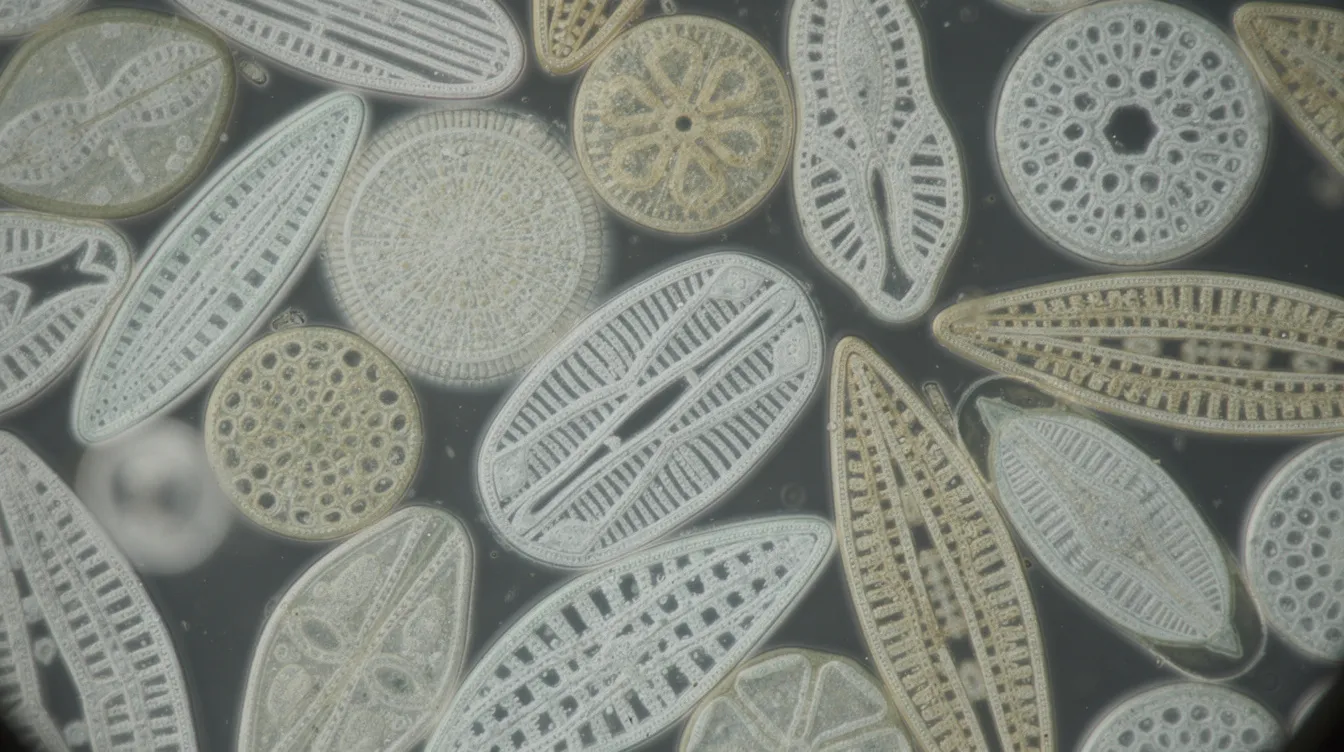 Close-up view of various diatom species, showcasing their intricate silica cell walls and unique shapes.
