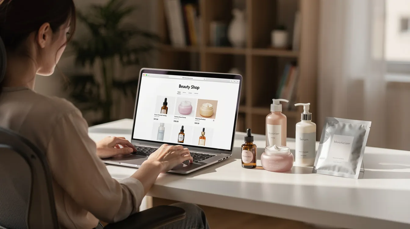 Eine Person sitzt an einem Schreibtisch und durchsucht einen Online-Shop für Schönheit auf ihrem Laptop, während sie in der Nähe verschiedene Hautpflegeprodukte hat. Auf dem Bildschirm sind Angebote und Trends zu sehen, die das Einkaufserlebnis bei Flaconi bereichern.