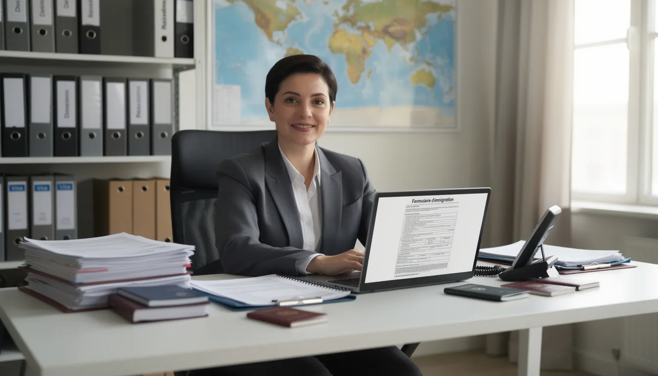 Un consultant en immigration travaille sur des documents importants à l'aide d'un ordinateur, entouré de divers formulaires et notes concernant les procédures d'immigration et de citoyenneté canadienne. Il semble concentré sur les détails nécessaires pour aider ses clients dans leur quête de permis et de statut au Canada.
