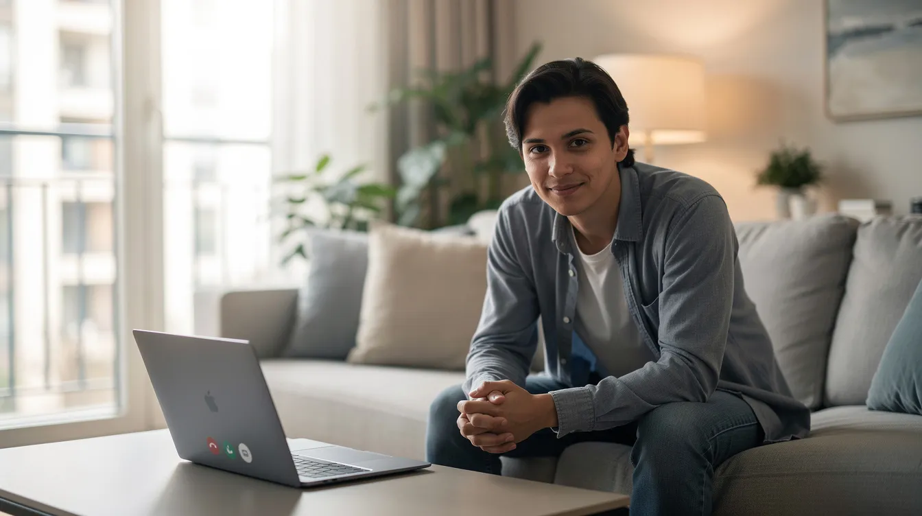 A confident individual is engaged in a video call on a laptop in a bright and welcoming living room, showcasing the ease of digital communication. This image reflects the modern lifestyle and the convenience of digital banking solutions, like the Allied Bank Roshan Digital Account, which allows non-resident Pakistanis to manage their finances from abroad.