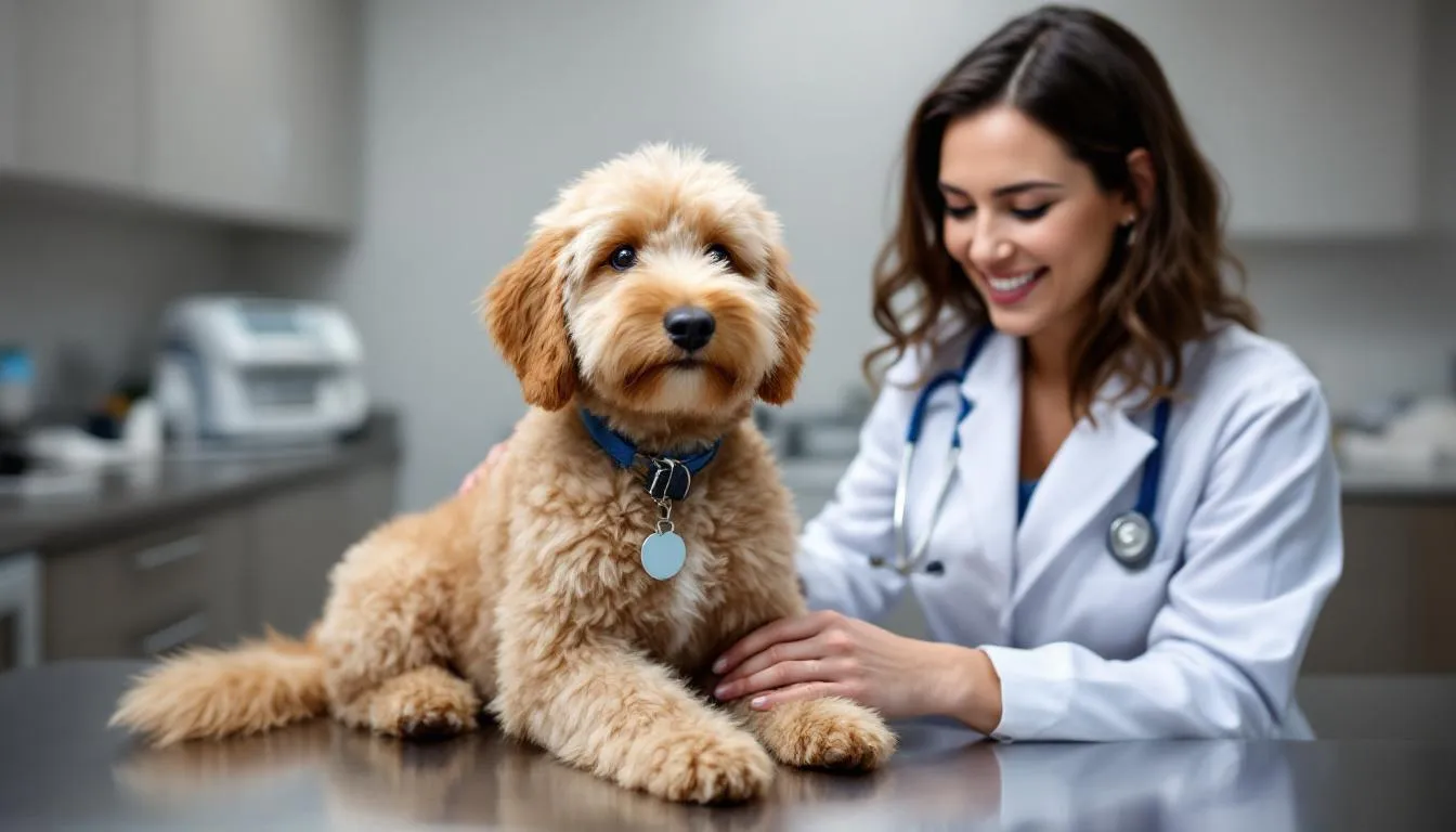 A small goldendoodle is sitting on an examination table at a veterinary check-up, looking calm and friendly, while a smiling vet examines it gently. The scene highlights the affectionate nature of this hybrid breed, showcasing the importance of regular veterinary check-ups for family pets.