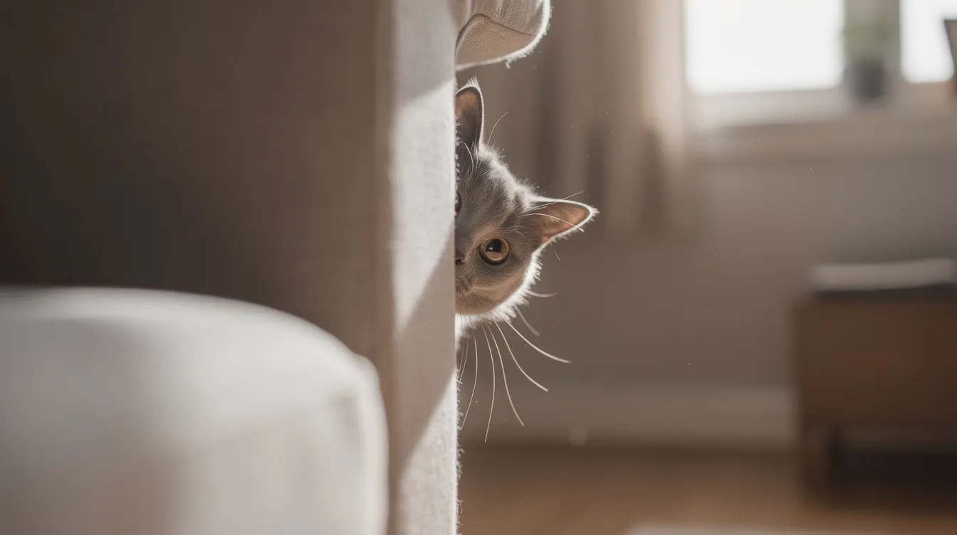 A shy cat peeks cautiously from behind furniture in a quiet room, seeking a safe space to observe its surroundings. This feline friend might enjoy interactive play with toys or explore a cat tunnel, providing both mental stimulation and a feeling of safety.