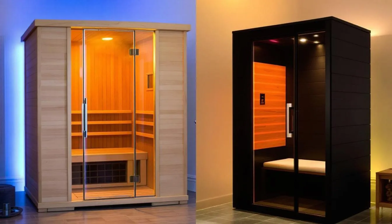 The image depicts a serene sauna environment, showcasing both infrared and traditional saunas side by side. This setting highlights the benefits of sauna use, such as enhanced recovery, muscle relaxation, and improved blood flow, making it an effective tool for athletes to reduce muscle soreness and accelerate the recovery process after intense training sessions.