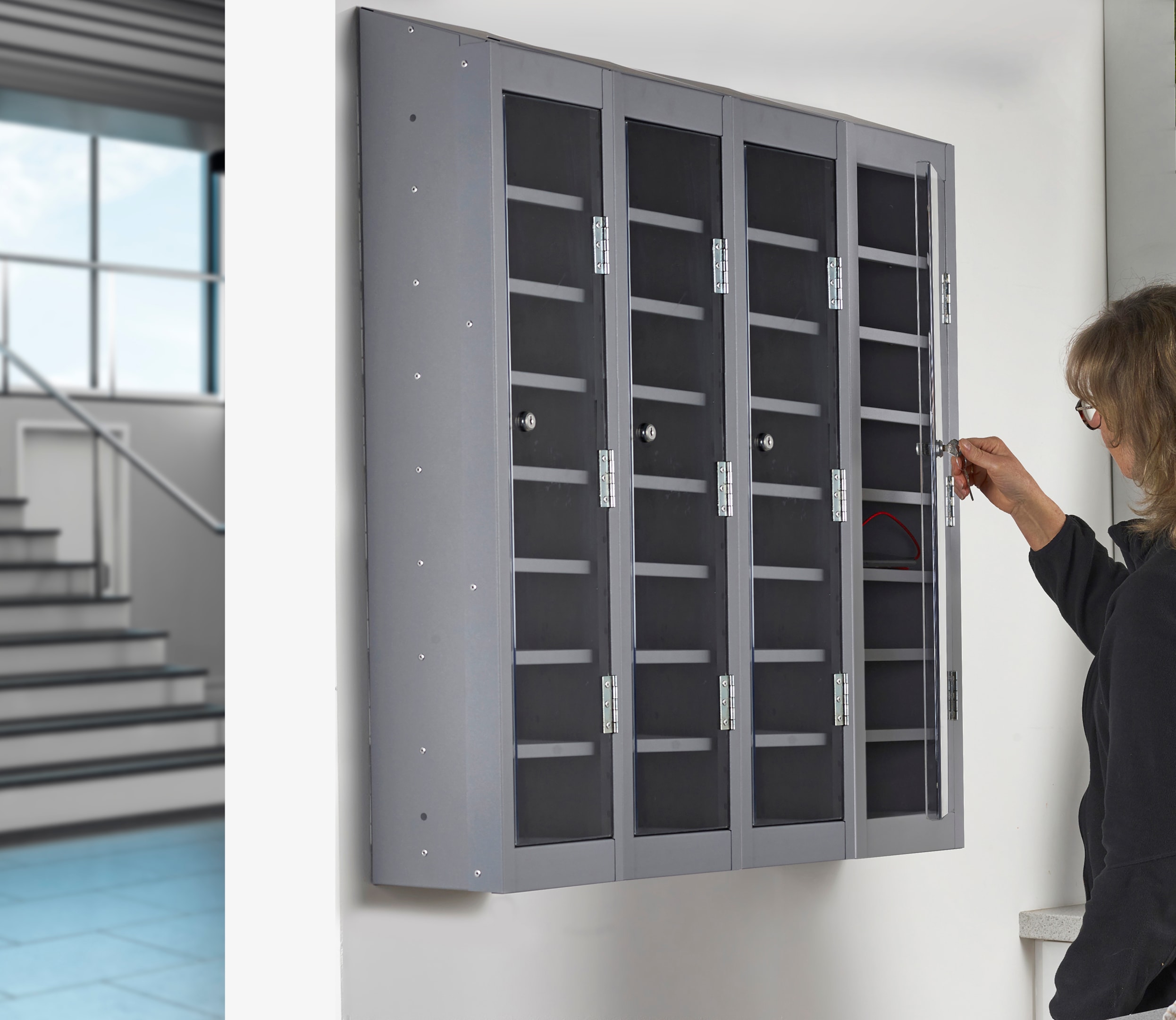 Image of phone charging lockers in a school