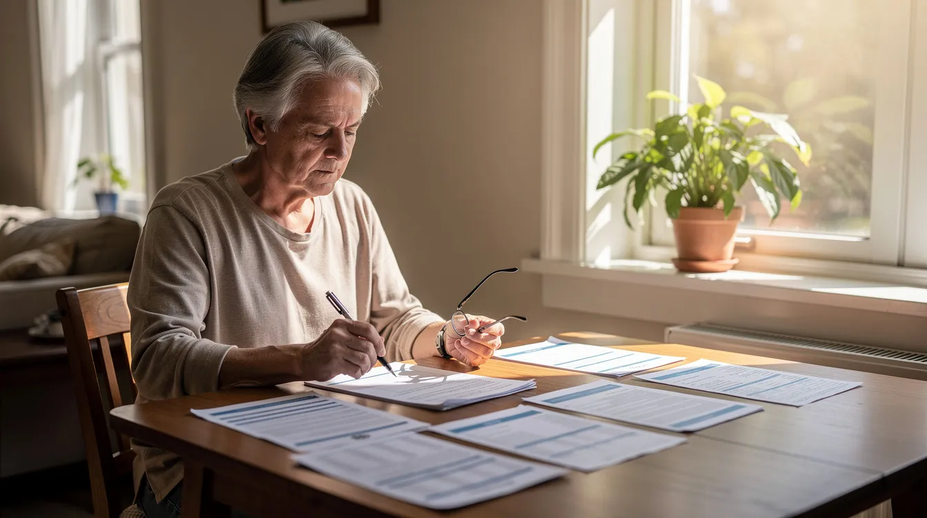 An elderly person is seated at a desk beside a window, carefully reviewing financial papers related to their retirement accounts, including a life expectancy table and information about required minimum distributions (RMDs). The scene reflects the importance of understanding tax implications and planning for future withdrawals from their IRA and other investments.