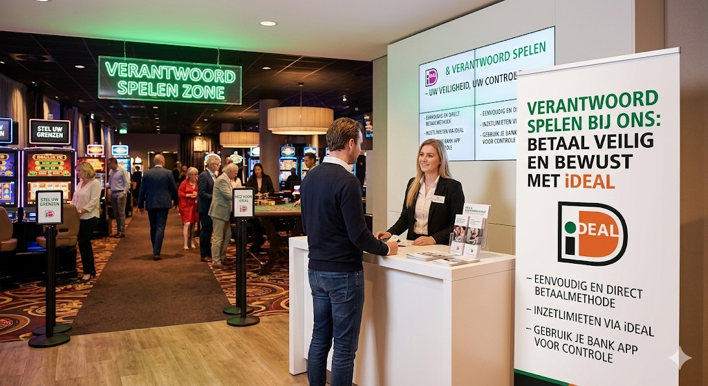 Informatiepunt over verantwoord gokken bij een legaal casino, waar spelers veilig kunnen betalen met iDEAL als betaalmethode via een vertrouwde bankomgeving, met aandacht voor verantwoord spelen, inzetlimieten en veilige transacties bij Nederlandse casino’s met vergunning van de Nederlandse Kansspelautoriteit.