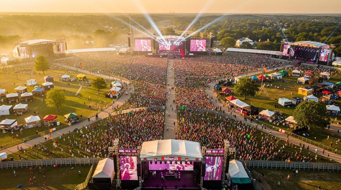 An aerial view captures a large outdoor music festival bustling with attendees, showcasing multiple stages and well-defined walkways to facilitate smooth movement. The scene highlights effective crowd management practices, ensuring a safe and secure environment for participants while allowing for crowd dynamics to be monitored by event organizers.