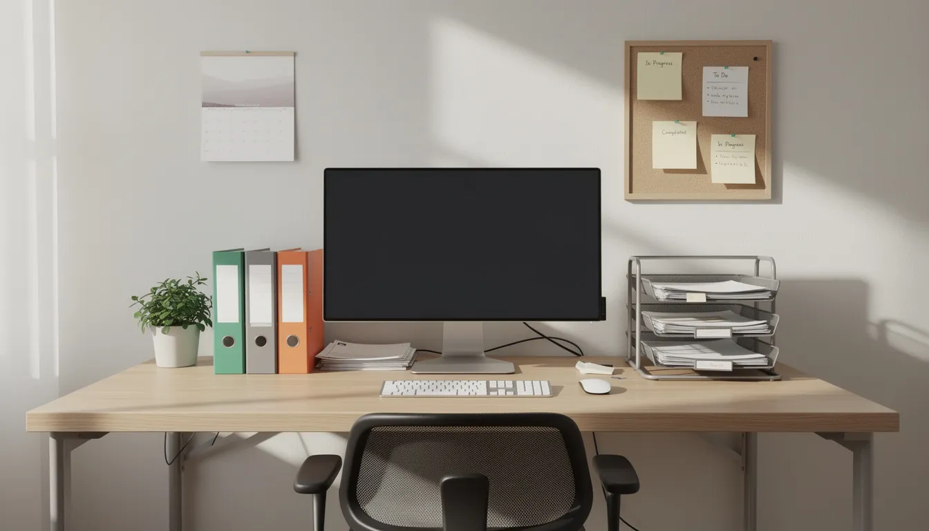 A well-organized office workspace featuring a computer and neatly arranged paperwork, ideal for real estate investors.