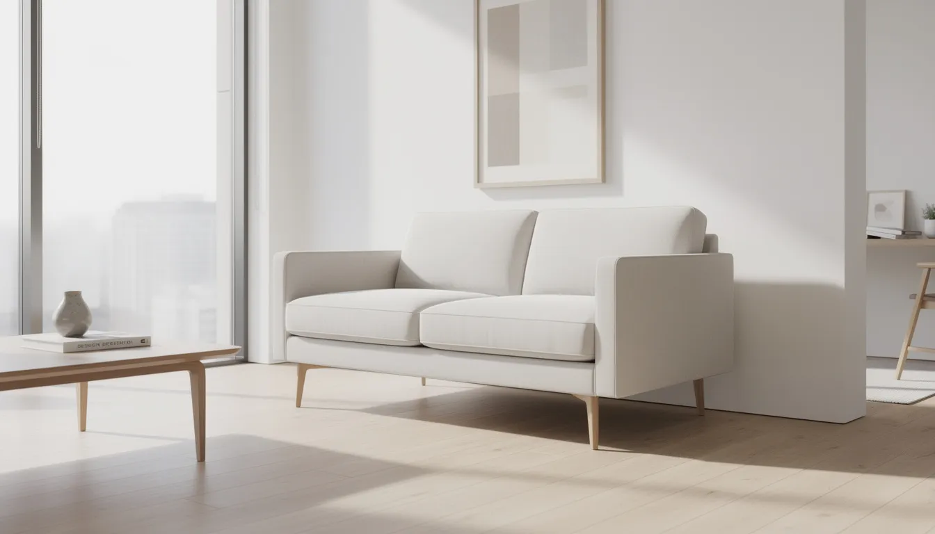 A modern compact two-seater sofa with high timber legs sits in a bright, minimalist living room, featuring clean lines and a sleek design. This stylish piece is perfect for small living spaces, offering comfortable seating with removable and washable covers, ideal for apartment living.