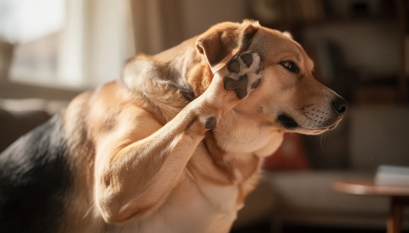 Na obrazku widoczny jest pies, który intensywnie drapie się za uchem łapą, co może sugerować swędzenie skóry. Taka sytuacja może być objawem problemów skórnych, takich jak sucha skóra psa, alergie skórne lub niewłaściwa pielęgnacja.