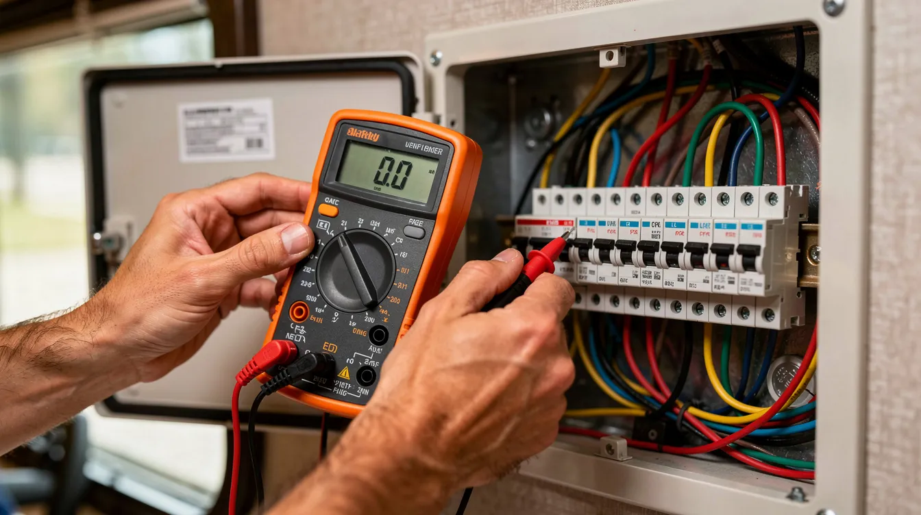 A technician's hands are shown closely examining an RV electrical panel with a multimeter, testing various wires and circuit breakers. This image highlights the expertise of certified technicians in mobile RV repair service, ensuring efficient diagnostics for RV owners facing electrical issues.