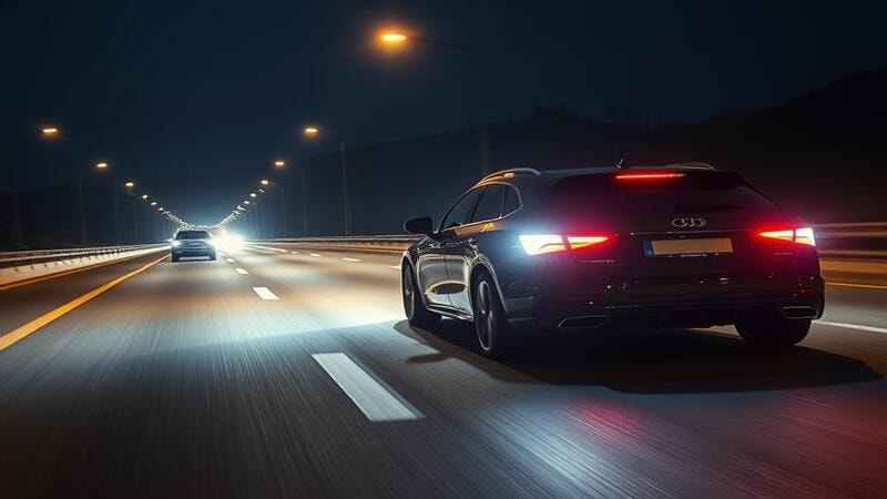 Car with H4 LED headlights illuminating road at night.