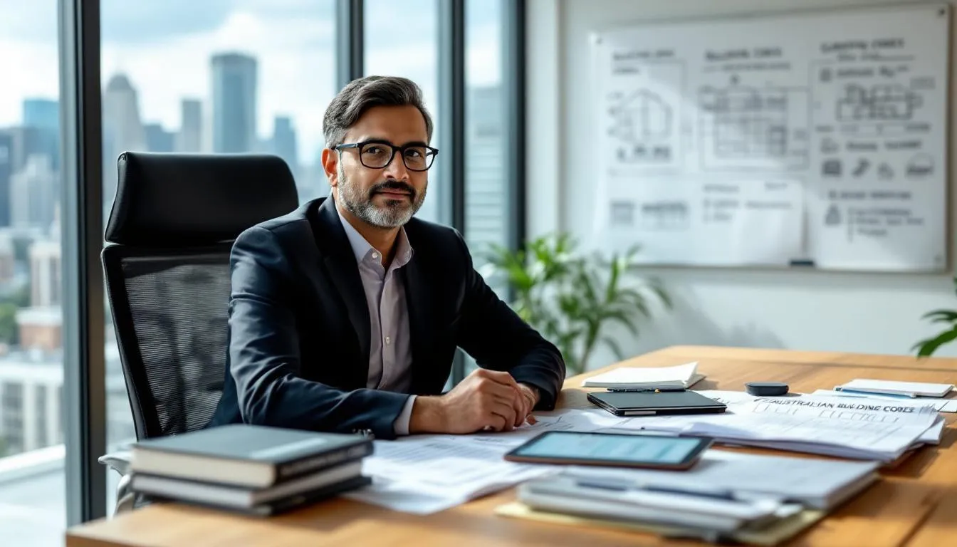 An Indian architect is seated at a desk, intently reviewing Australian building codes and sustainable design standards, surrounded by various documents and a laptop. This scene highlights the architect's expertise and commitment to ensuring alignment with Australian standards for their next job in the field of architecture.