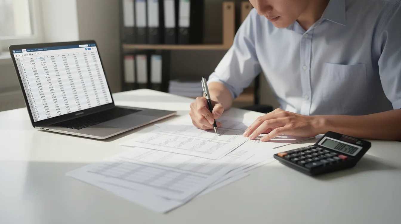 A person is seated at a desk, reviewing financial documents while using a laptop and calculator. The scene suggests they are assessing options like home equity loans or a cash out refinance to manage their mortgage payments and consolidate debt.