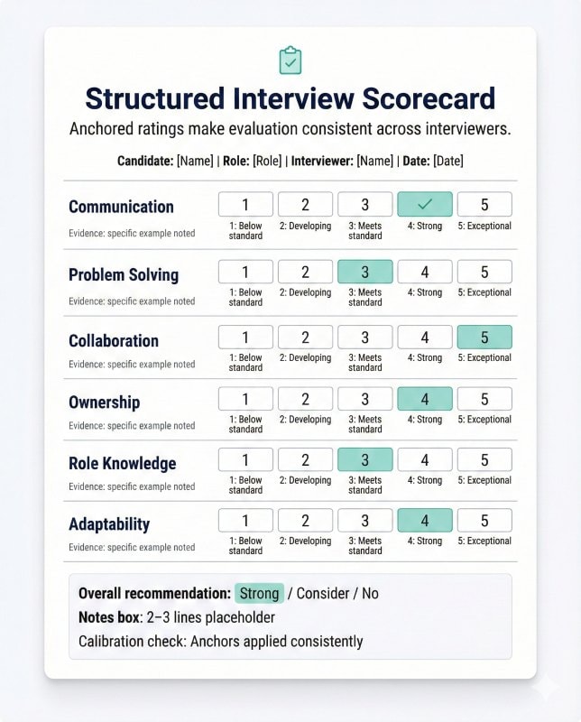 Structured interview scorecard used to assess job fit