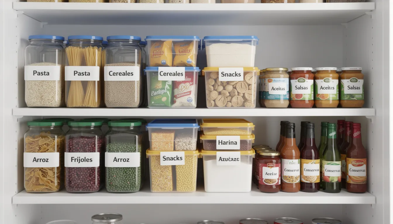 Estantes de despensa organizados con productos alimenticios, etiquetados claramente y almacenados en contenedores de diferentes colores. La disposición facilita la identificación de alimentos kosher y otros ingredientes, promoviendo una cocina ordenada y práctica.