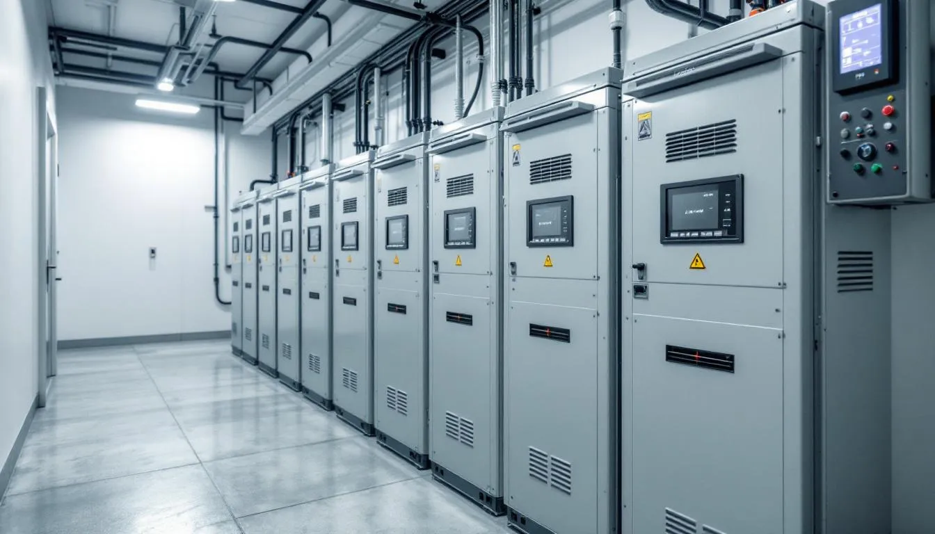 The image depicts a clean utility room featuring a battery bank installation in India, showcasing multiple lithium batteries interconnected for energy storage. This setup is essential for off grid solar systems, providing reliable backup power and supporting energy independence.