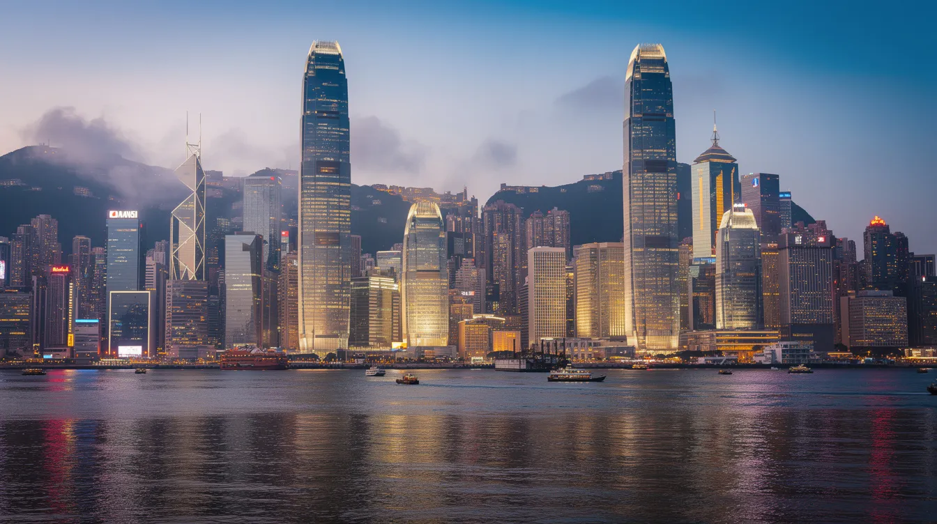 The image depicts the stunning skyline of Hong Kong's financial district at dusk, showcasing modern skyscrapers that reflect beautifully on the harbor water. This vibrant scene highlights the city's dynamic atmosphere, ideal for businesses seeking 中小企貸款 and other financial opportunities.