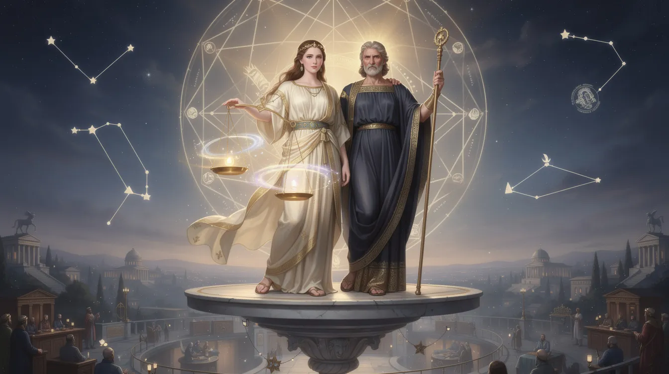 The image depicts Astraea, the Greek goddess of justice, embodying the ideals of fairness and moral order, often associated with the constellation Virgo. She is represented as a celestial virgin, symbolizing divine justice and harmony, with elements that evoke the balance of the zodiac and the virtues of the golden age.