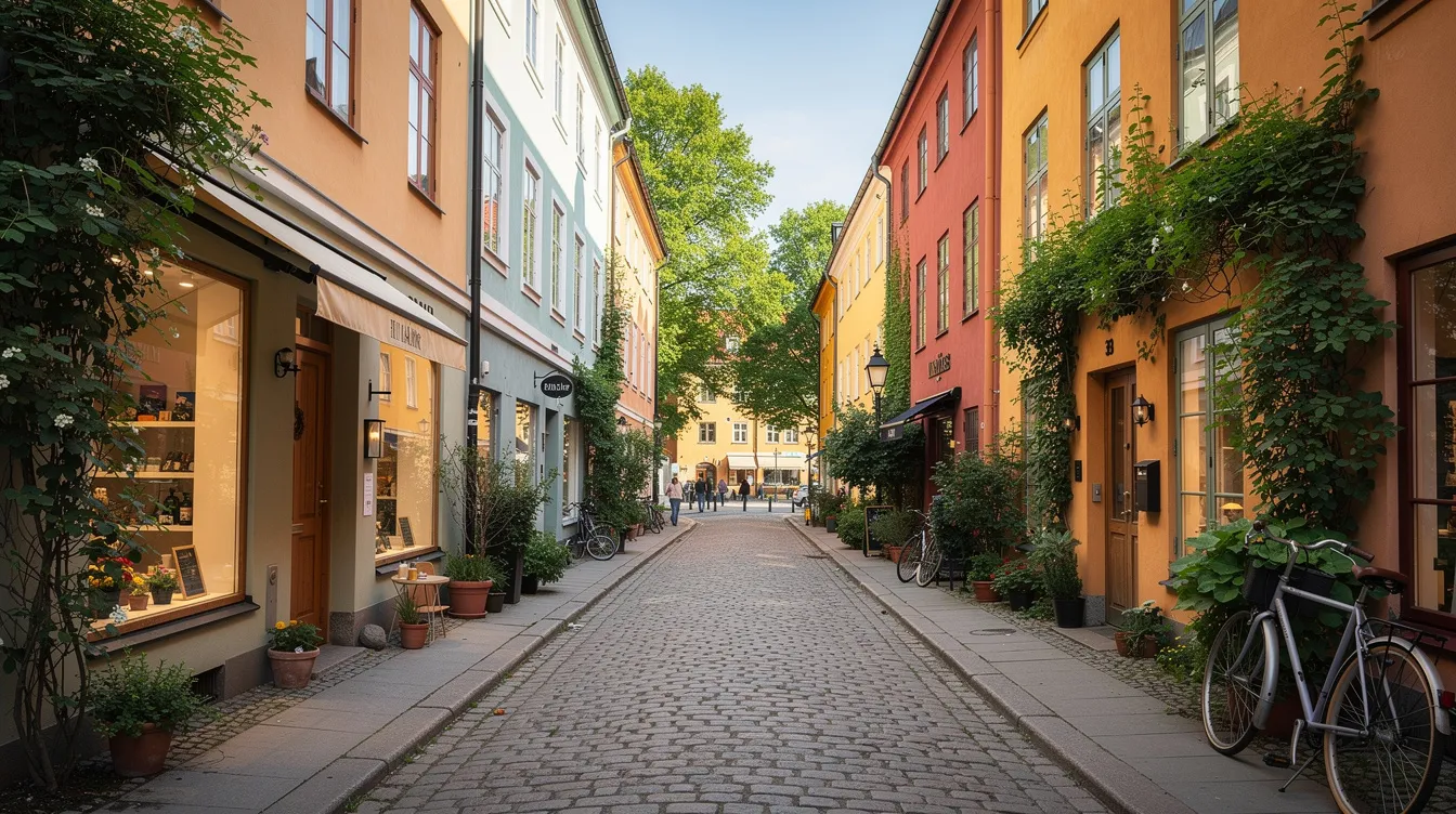 En pittoresk gata på Södermalm i Stockholm visar små butiksfasader omgivna av grönska, där inredningsbutiker erbjuder hög kvalitet och unika designprodukter för hemmet. Gatan är livlig och inbjudande, perfekt för den som vill upptäcka tidlösa inredningsdetaljer och snygga möbler.