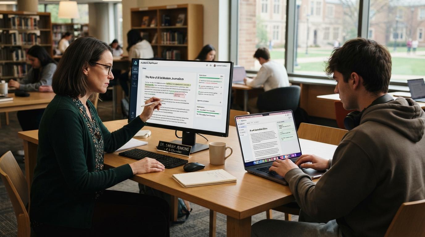 Modern educational AI concept showing an instructor reviewing AI-generated grading feedback while a student uses an AI writing assistant on a laptop