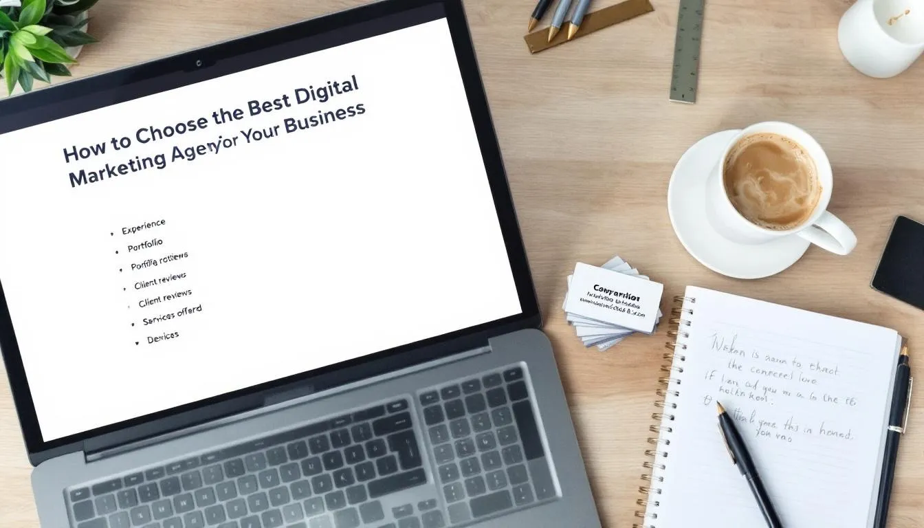 The image illustrates a guide on selecting the best digital marketing agency for your business, featuring key elements like digital marketing strategies, content marketing services, and social media marketing. It emphasizes the importance of choosing a leading digital marketing agency that aligns with your brand's marketing efforts and goals.
