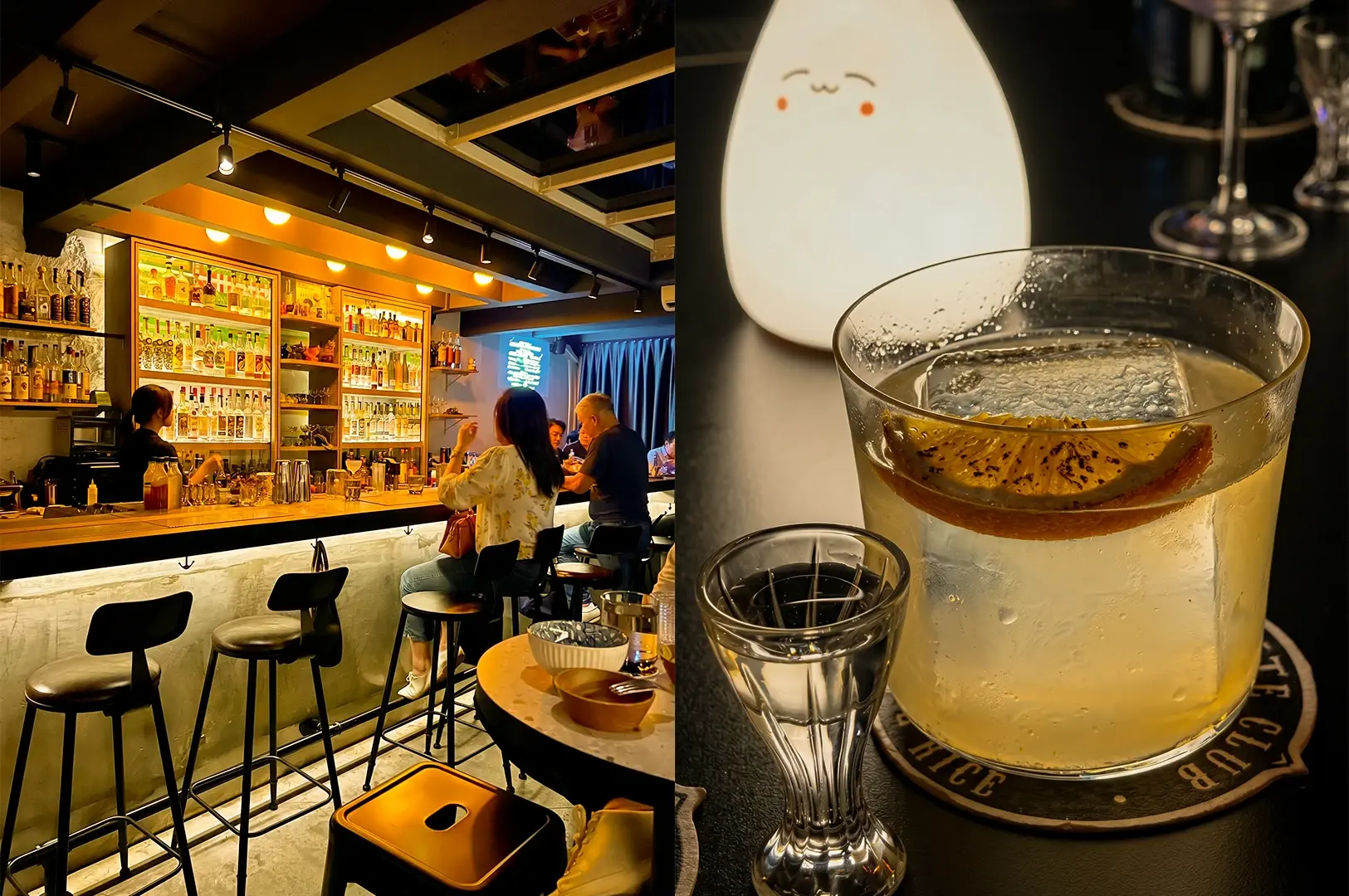 Left: An eye-level, wide-angle interior view of Cat Bite Club bar lounge, showing a dark color scheme with teal and red seating, round wooden tables, glowing under-counter lighting, and walls decorated with framed artwork. Right: A top-down, close-up beverage shot of two craft cocktails served on a dark bar counter, with one drink featuring a salt rim and lime wheel garnish.