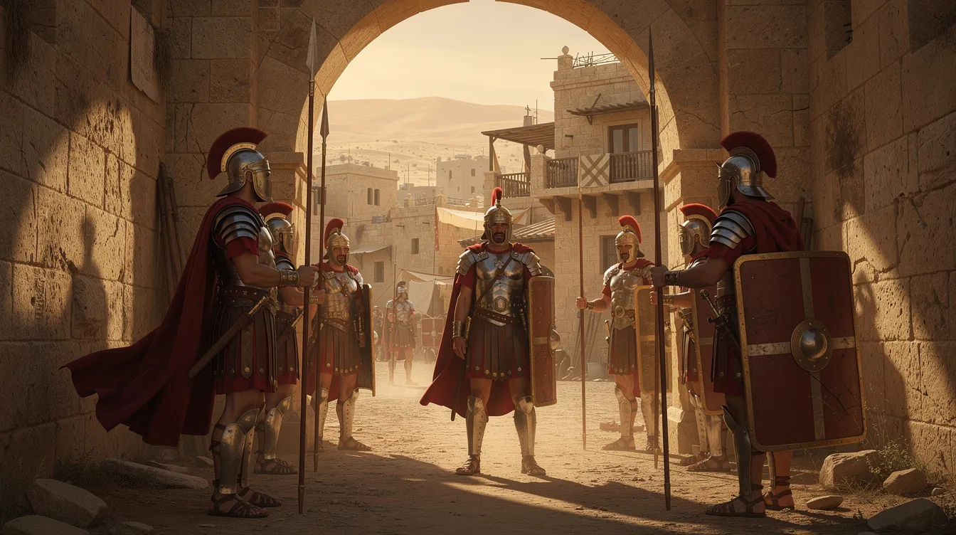 The image depicts ancient Roman soldiers standing guard in a Middle Eastern stone city, representing the era of Roman rule and occupation in Judea during the time of Jesus Christ. The soldiers, dressed in traditional armor, are positioned near a stone wall, symbolizing the tension between the Roman authorities and the Jewish people amidst the backdrop of the great Jewish revolts and the zealot movement.