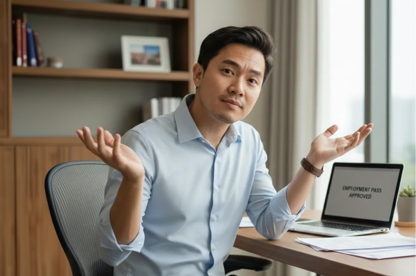 A man in a light blue shirt sits at a desk and shrugs with both hands up, next to a laptop.