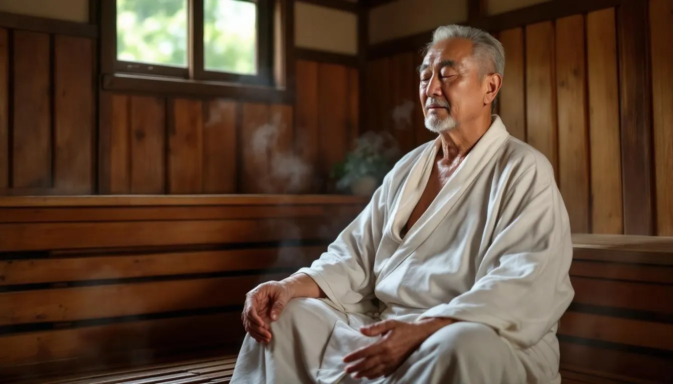 A Chinese man is relaxing in a sauna, surrounded by warm wooden panels, embodying the practice of sauna bathing for longevity and anti-aging. This image highlights the health benefits of regular sauna use, such as improved cardiovascular function and stress reduction, which contribute to a healthier life.
