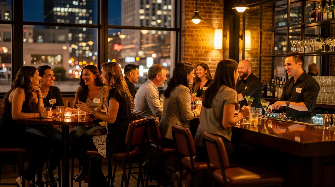 The image depicts a lively singles event taking place at a bar in Chicago's River North neighborhood, where attendees are engaging in conversation and enjoying a relaxed environment. Participants are mingling, exchanging contact information, and making connections with like-minded people in the hopes of finding potential matches during this exciting speed dating event.