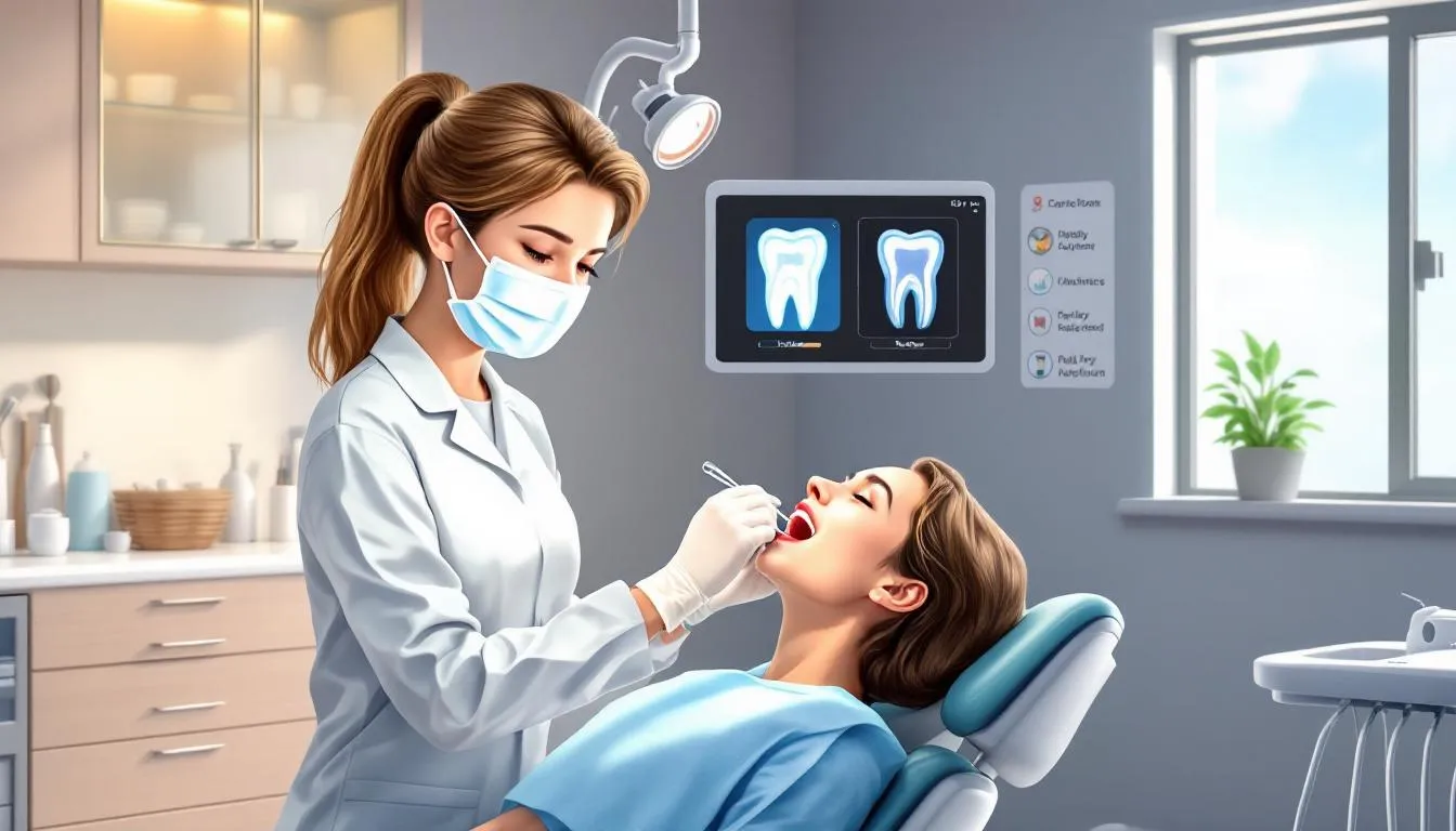 An illustration showing a dental hygienist performing a regular dental cleaning.