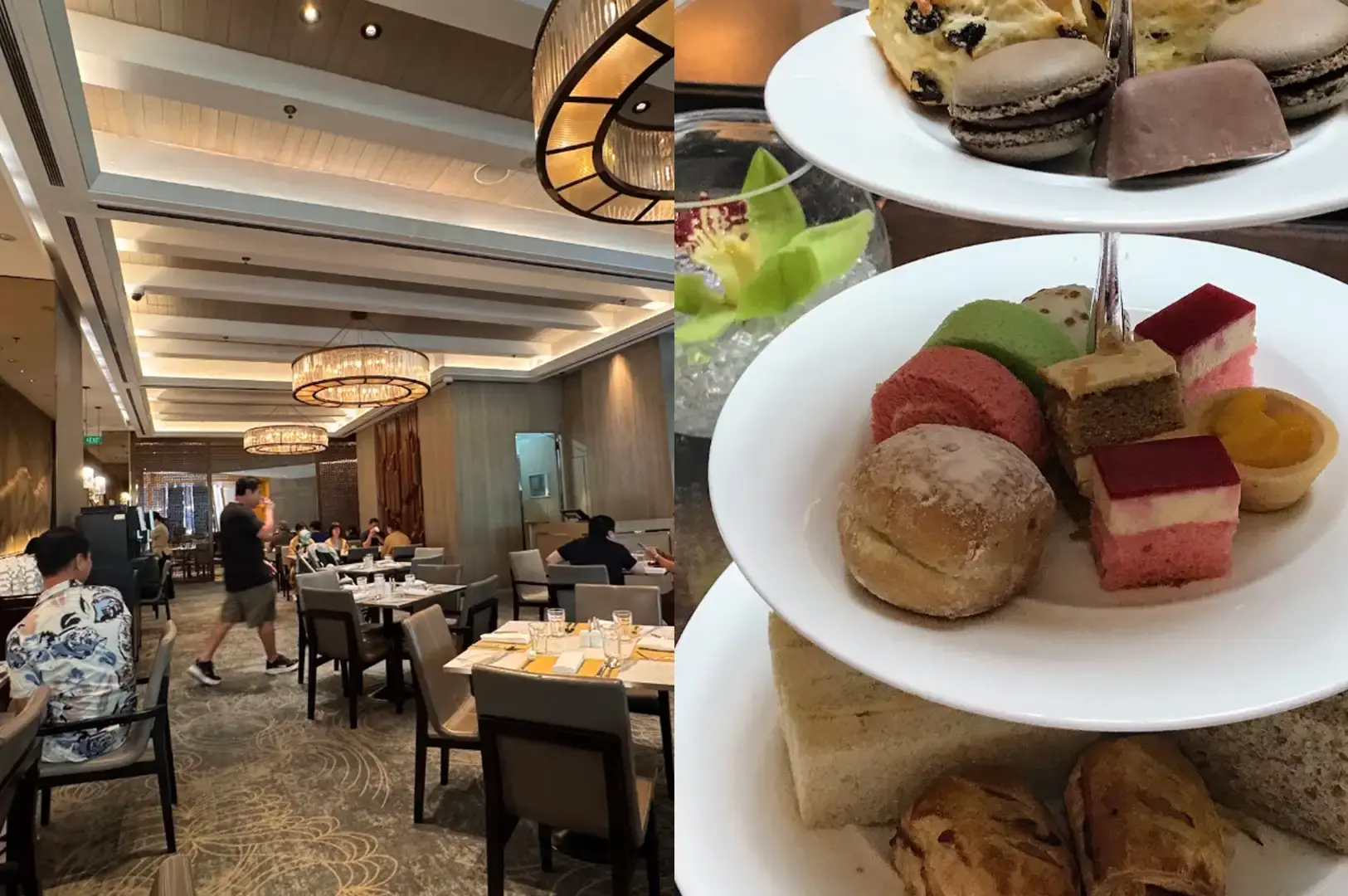 A split-screen composition featuring a warmly lit, modern hotel dining room on the left with wood-paneled ceilings, circular chandeliers, and carpeted floors, paired on the right with a close-up of a three-tiered high tea display loaded with chocolate macarons, colorful roll cakes, pink layered mousse slices, fruit tarts, scones, and finger sandwiches.