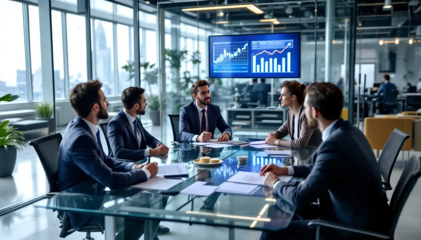 In a modern office environment, successful entrepreneurs and business professionals are gathered around a table, reviewing financial charts and discussing growth strategies for small businesses. They are engaged in a collaborative atmosphere, utilizing innovative technologies and resources to enhance their business plans and support their ventures.