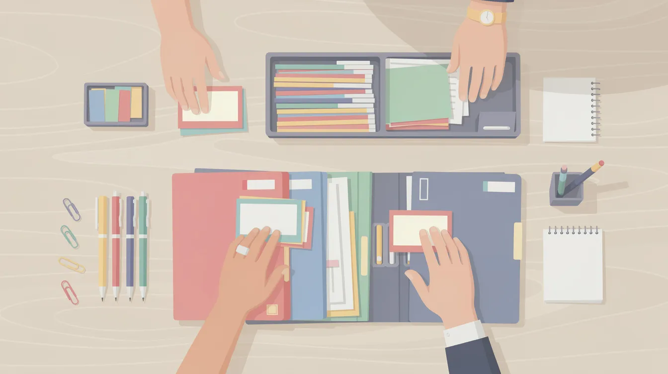 Une illustration montre des mains organisant soigneusement des fiches et des dossiers colorés sur un bureau bien rangé, mettant en avant l'importance de l'ordre et de l'efficacité dans la gestion de contenu. Cette image évoque également des concepts liés à l'accessibilité du contenu et à l'optimisation pour les moteurs de recherche.