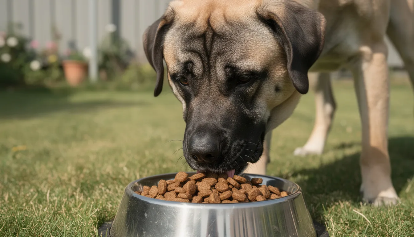 A Kangal Dog, known for its protective instincts and calm temperament, is happily eating high-quality kibble from a dog bowl. This large breed, often referred to as an Anatolian shepherd dog, showcases its distinctive black mask and double coat while enjoying its meal.