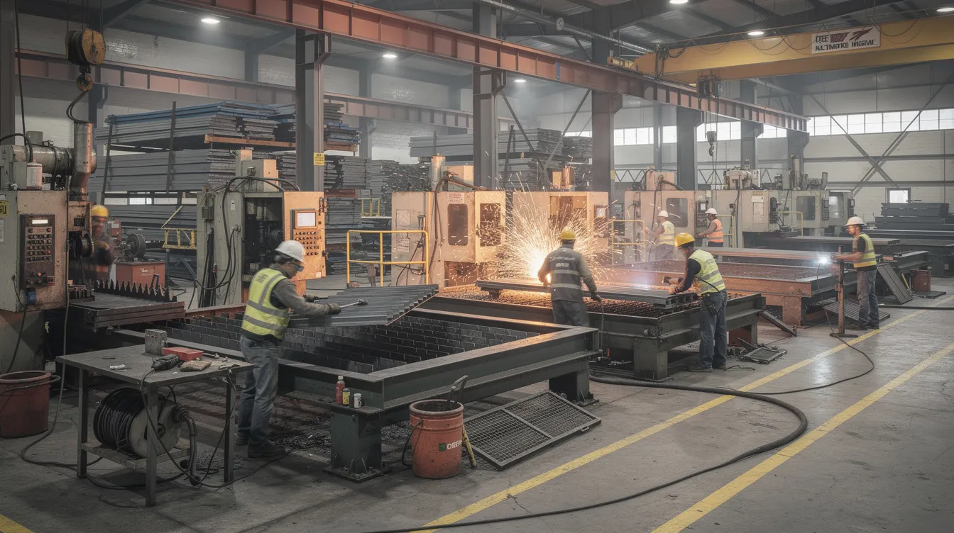 The image shows industrial workers skillfully operating steel fabrication machinery in a large workshop, highlighting the steel manufacturing process essential for producing stainless steel products and structural steel used in various industries. The scene emphasizes the importance of skilled labor and quality control in the steel business, which caters to the growing demand in the steel market.