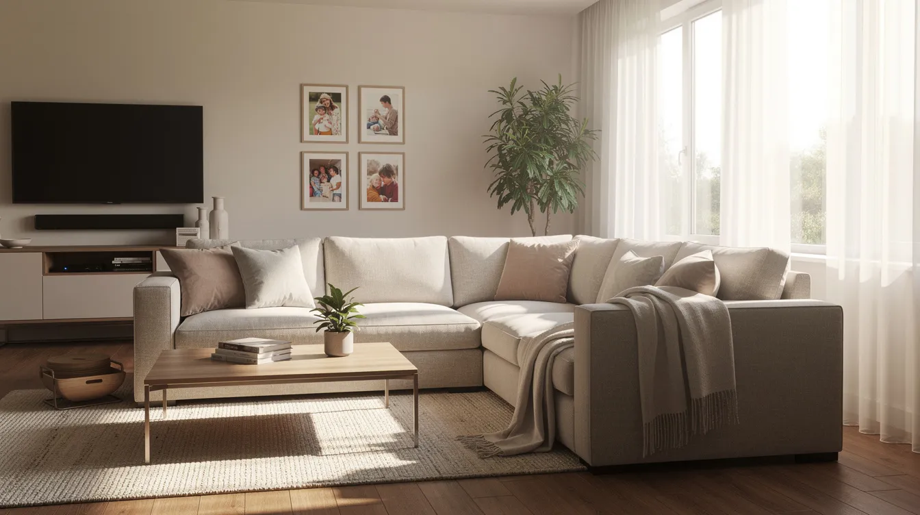 The image depicts a cozy family living room featuring a large sectional sofa bathed in natural light streaming through the windows. The inviting space showcases upholstered furniture that may benefit from professional upholstery cleaning services to maintain its freshness and enhance indoor air quality.