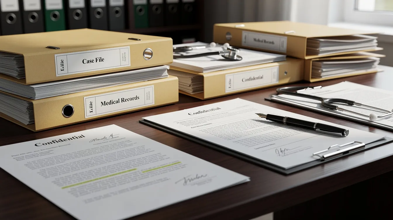 The image shows a neatly organized collection of legal documents and medical files on a desk, likely related to workers compensation claims and the hearing process in Colorado. These files may include medical records, injury reports, and documents pertaining to workers compensation benefits for injured workers navigating the complexities of Colorado's workers compensation system.