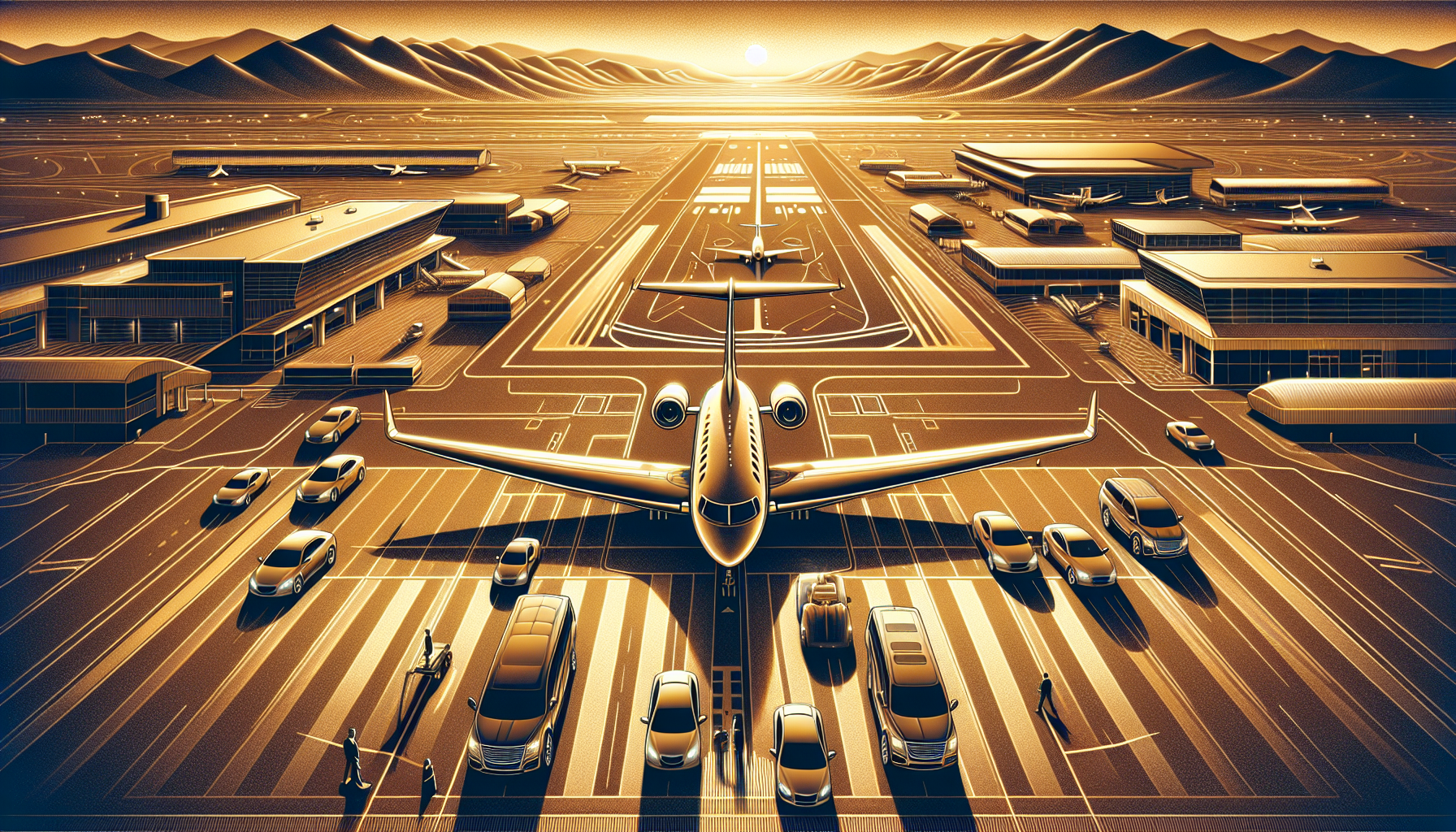 A delightful illustration of a private jet seamlessly connecting with ground transportation