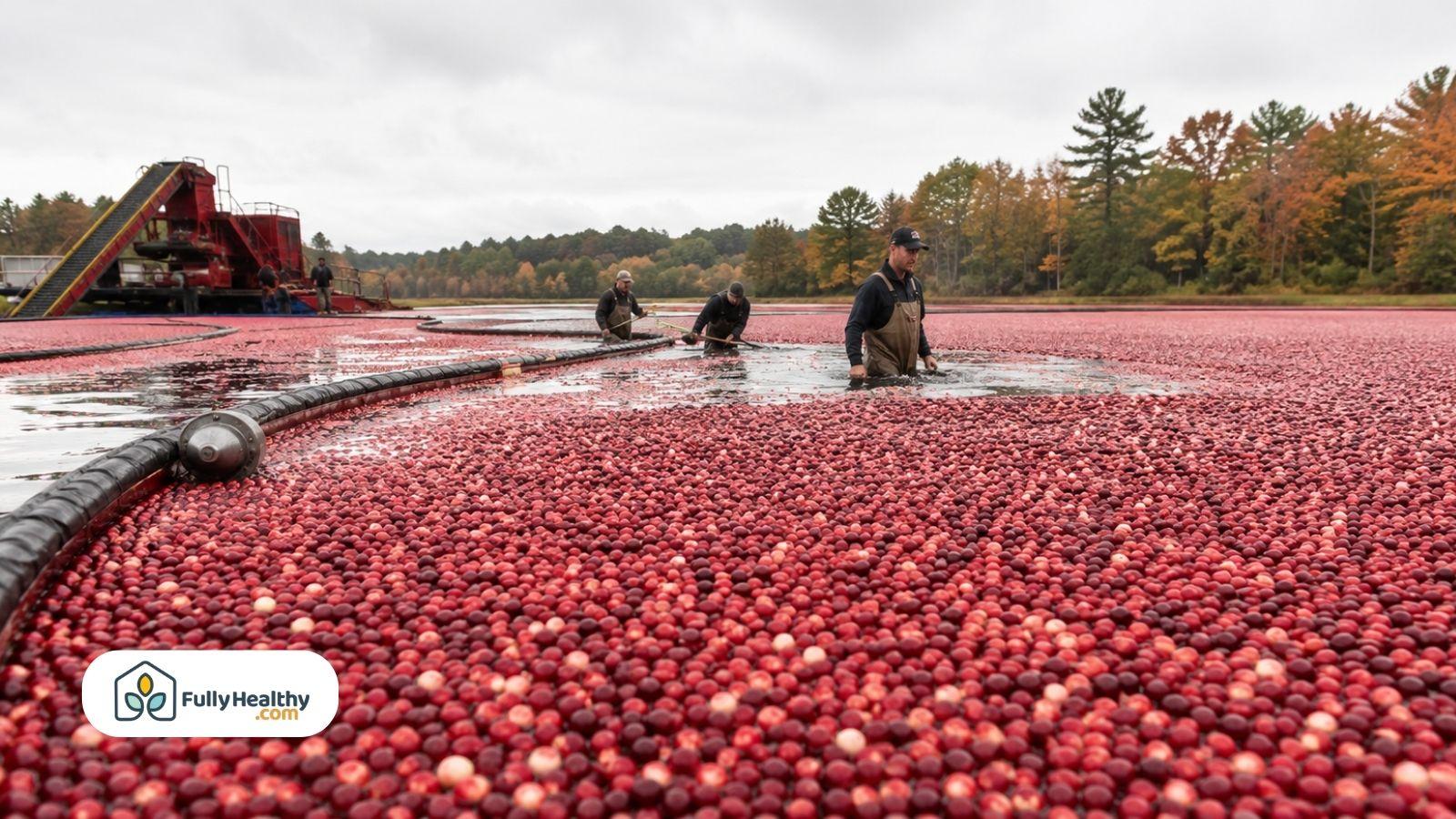 Cranberry harvest in flooded bog with workers gathering ripe berries