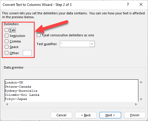 Select delimiters to format cells
