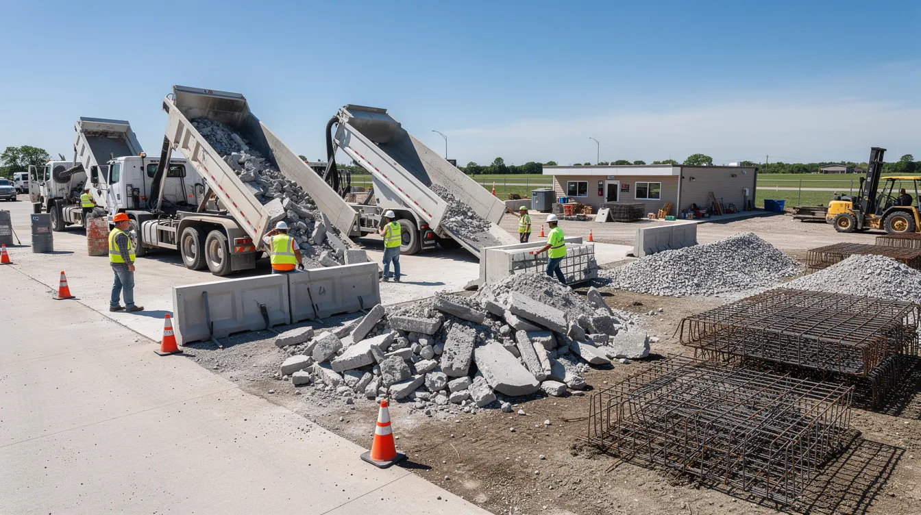 The image depicts a construction site where contractors are efficiently managing the disposal of construction debris, including broken concrete and other materials. Heavy trucks are seen unloading clean concrete into a recycling facility, emphasizing the importance of environmentally friendly practices like recycling concrete to minimize landfill waste.