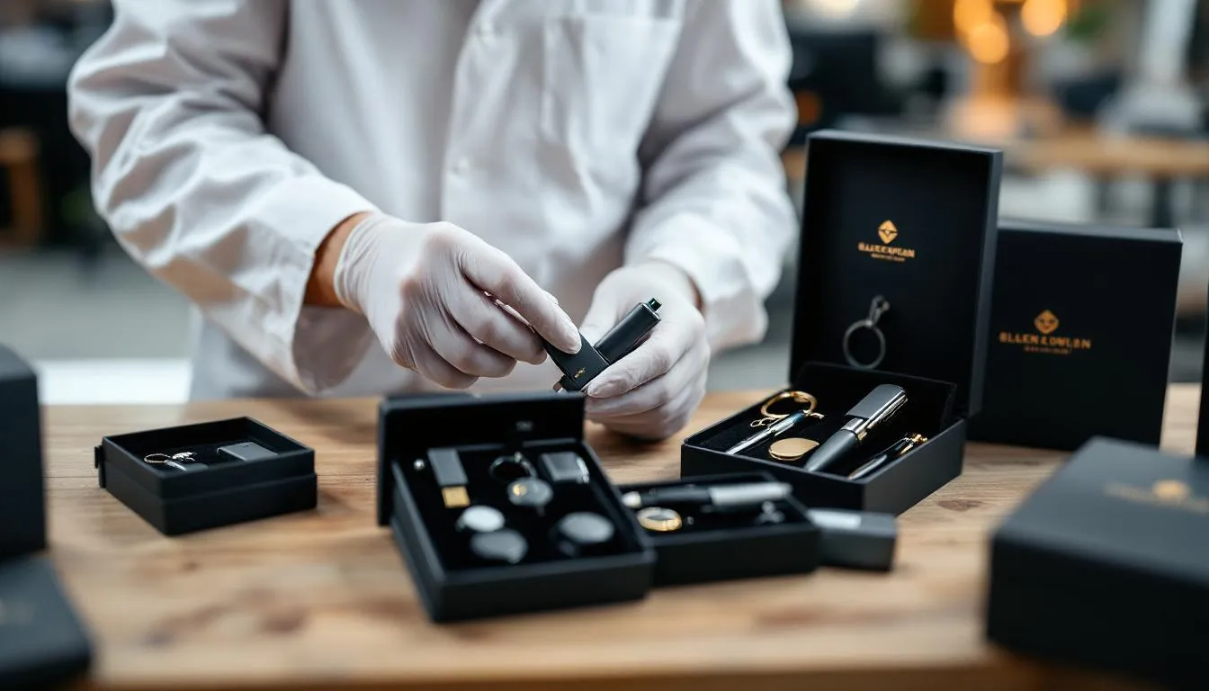 Na obrazku widać proces pakowania gadżetów reklamowych w eleganckie pudełka prezentowe. W tle znajdują się różnorodne akcesoria reklamowe, takie jak kubki z logo firmy oraz smycze, które są starannie układane w estetycznych opakowaniach, co podkreśla ich jakość i atrakcyjność jako upominków reklamowych.