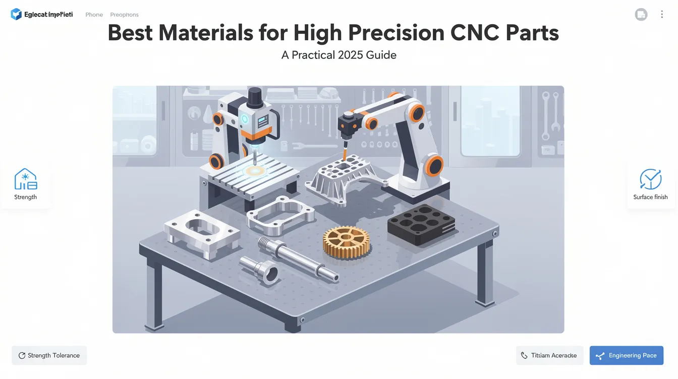 The image depicts a comprehensive guide titled "Best Materials for High Precision CNC Parts," showcasing various materials used in CNC machining, including carbon steel, aluminum alloys, and stainless steel, emphasizing their properties such as corrosion resistance, wear resistance, and thermal conductivity. It highlights the importance of material selection for precision machined components in industries like automotive, aerospace, and medical devices, ensuring tight tolerances and high performance in manufacturing processes.